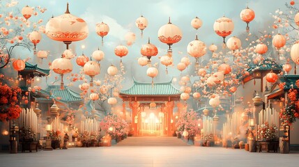 Glowing paper lanterns and aromatic incense set a serene atmosphere in a traditional Thai temple courtyard featuring vibrant colors intricate patterns and a warm