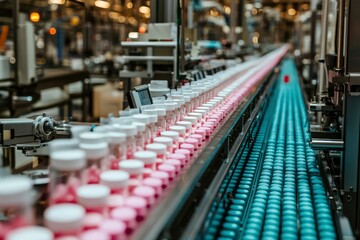 Obraz premium Automated Packaging Line with Pink and Blue Pills in Jars