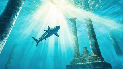 Shark Swimming Among Sunlit Ancient Ruins