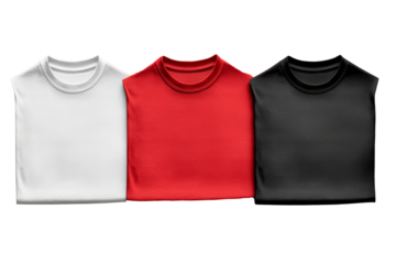 A vibrant display of classic t-shirt colors on a bold background, showcasing white, red, and black apparel for stylish choices