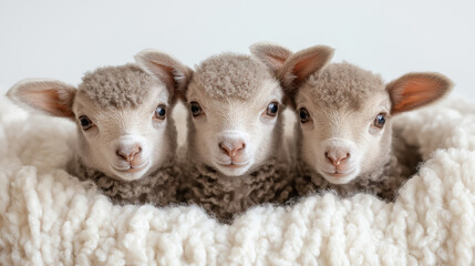 Fototapeta premium Three adorable baby lambs with soft wool cuddle closely together, nestled in a cozy white blanket, evoking warmth and innocence.