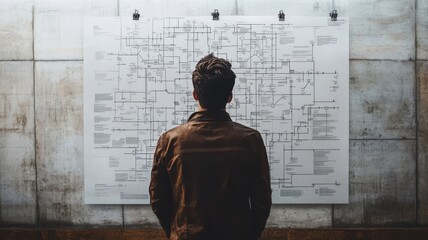 Person analyzing a complex map on a wall, deep in thought, white isolate background.