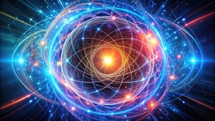 Obraz premium Glowing Quantum Particle Explores Circular Paths and Light Trails of Entanglement