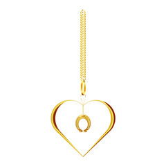 Golden Horseshoe on a Chain with Goldenrod Heart. Single Object for Your Gift. Raster. 3D Illustration