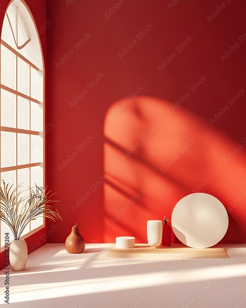 Poster elegant 3d studio interior with deep burgundy walls bare floor and countertop and soft natural illum