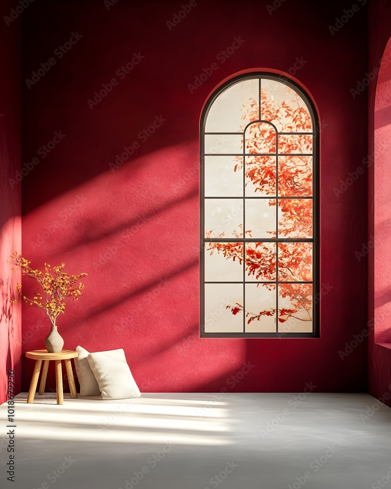 Poster luxurious 3d studio interior featuring deep burgundy walls bare floor and countertop captivating sha