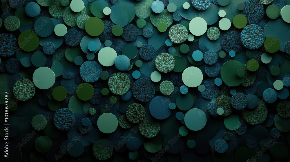 Poster textured circles in various shades of green create visually striking abstract background. interplay 