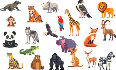 Set of Flat Vector Illustrations in Children's Style Featuring Cute Wild Animals. Bear, Crocodile, Deer, Eagle, Falcon, Fox, Giraffe, Gorilla, Hippopotamus, Ibex, Kangaroo, Komodo Dragon, Leopard