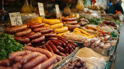 Obraz premium Colorful Display of Sausages at Market Stall