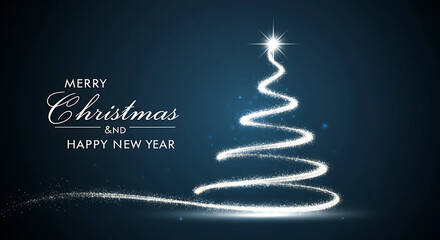 A minimalist Christmas card featuring a glowing, spiral-shaped tree with a shining star on top, set against a dark blue background. generative ai