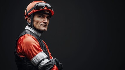 Male jockey in red and black racing attire, exuding determination and focus.