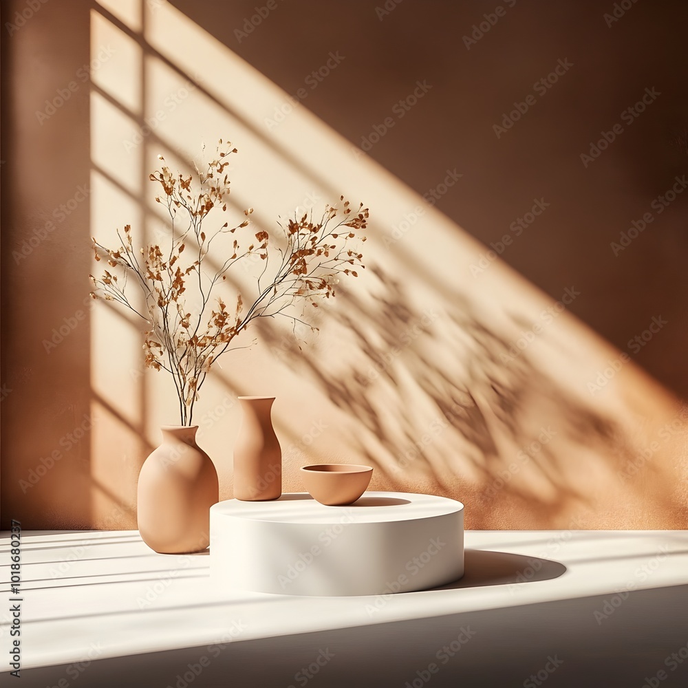 Poster minimalist 3d product photography studio setup with an empty room earthy brown backdrop and shadowy 