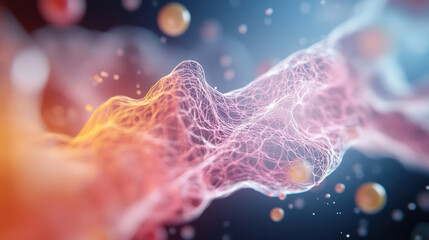 highly detailed microscopic image of cell membrane, showcasing intricate structures and vibrant colors. visual representation evokes sense of complexity and beauty in biological systems