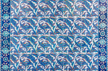 Vintage ceramic tiles, İznik tiling decor from Rustem Pasa Mosque in Istanbul, Turkey..