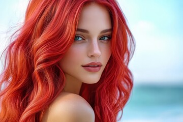Fototapeta premium Enchanting Redhead Woman with Ocean Backdrop: Vibrant Hair and Natural Beauty Captured in Stunning Portrait Photography