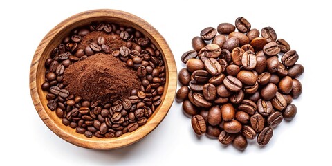 Bird eye view of coffee beans and ground coffee in wooden bowl on white background