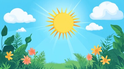 Bright Sunny Day with Fluffy Clouds and Flowers