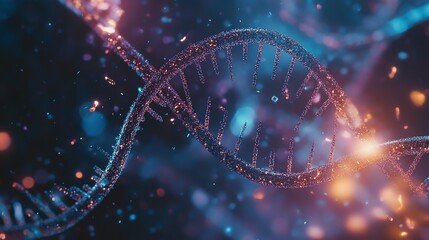 DNA strand, glowing lights, dark background