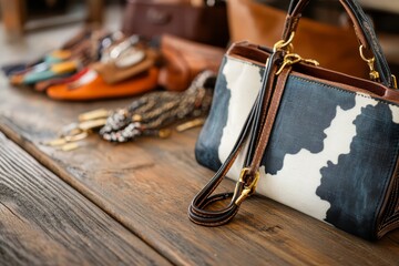Fashionable Handbags and Accessories on Rustic Wooden Display: A Trendy Showcase for Stylish Shoppers