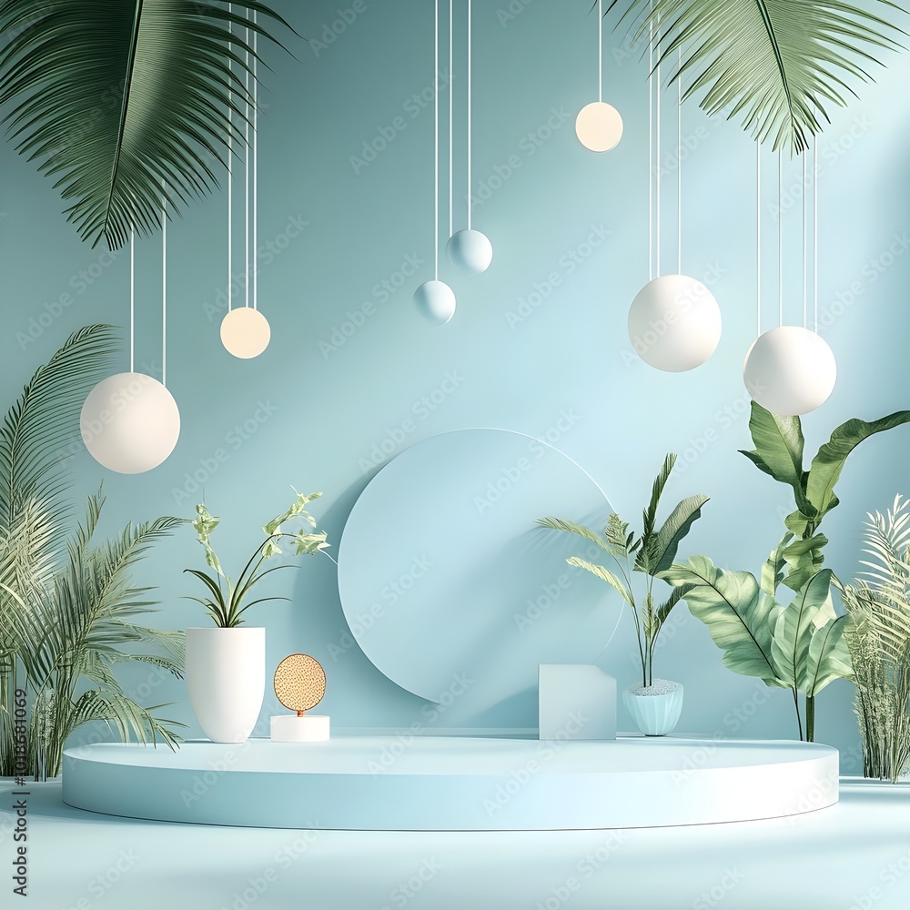 Poster minimalist 3d studio setting with a pale blue backdrop clean and uncluttered room with a central dis