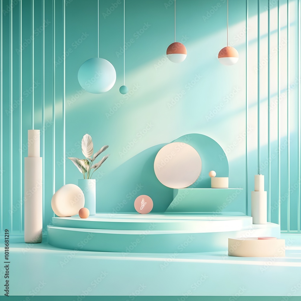 Poster minimalist 3d studio interior with a blue green gradient backdrop featuring an empty stage for produ