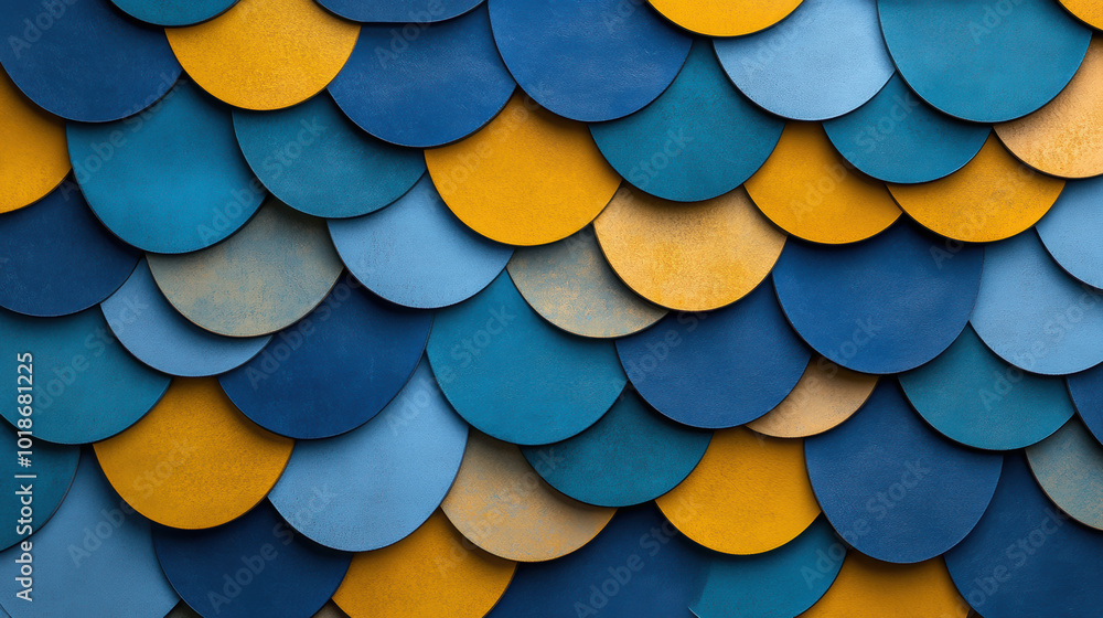 Poster textured layers of blue and yellow scales create vibrant and dynamic visual. interplay of colors and