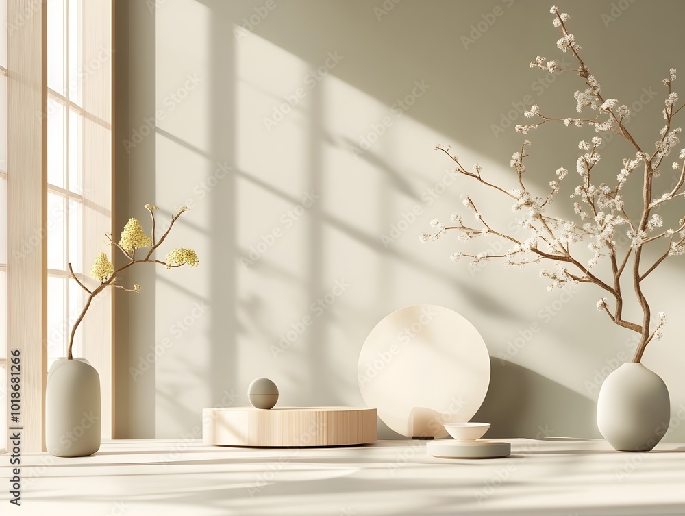 Poster minimalist 3d studio interior with khaki tones empty space and a product display podium the window l