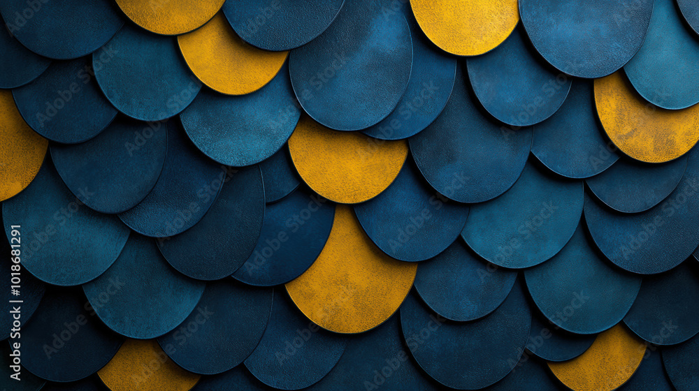 Poster textured layers of blue and yellow scales create visually striking pattern, evoking sense of depth a