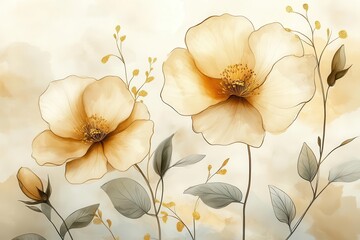 luxury minimal style wallpaper featuring golden line art flowers and botanical leaves on an organic watercolor backdrop this elegant design exudes sophistication and artistic refinement