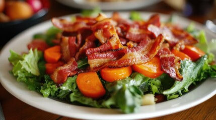 Fresh Salad with Bacon and Carrots on a Plate