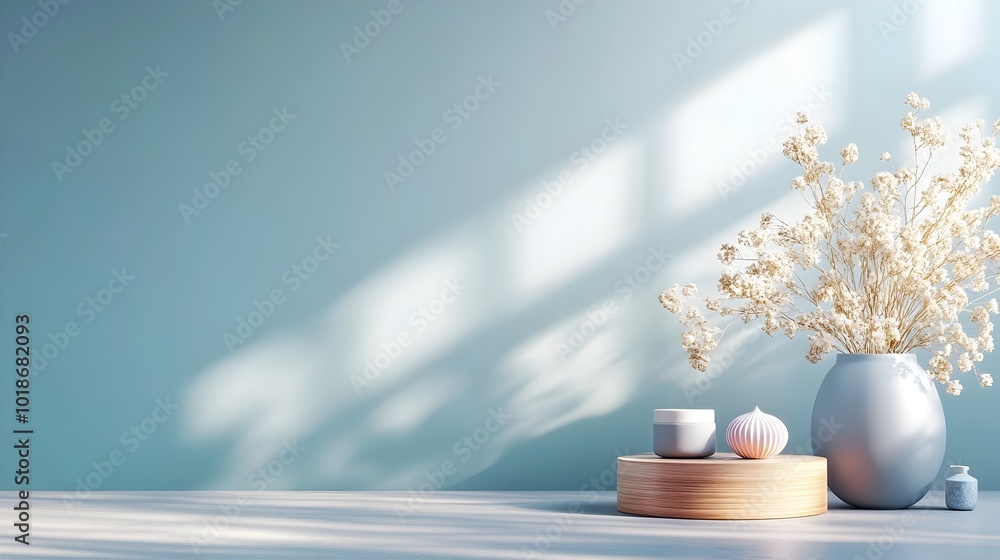 Poster minimalist 3d studio room with empty floor and wall featuring a product podium set against a soft la