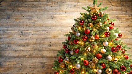 Bird's eye view of a Christmas tree with empty space, lights, and ornaments