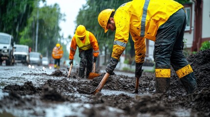Workers in rain gear clear mud from a flooded street, showcasing their efforts in emergency response and community cleanup.