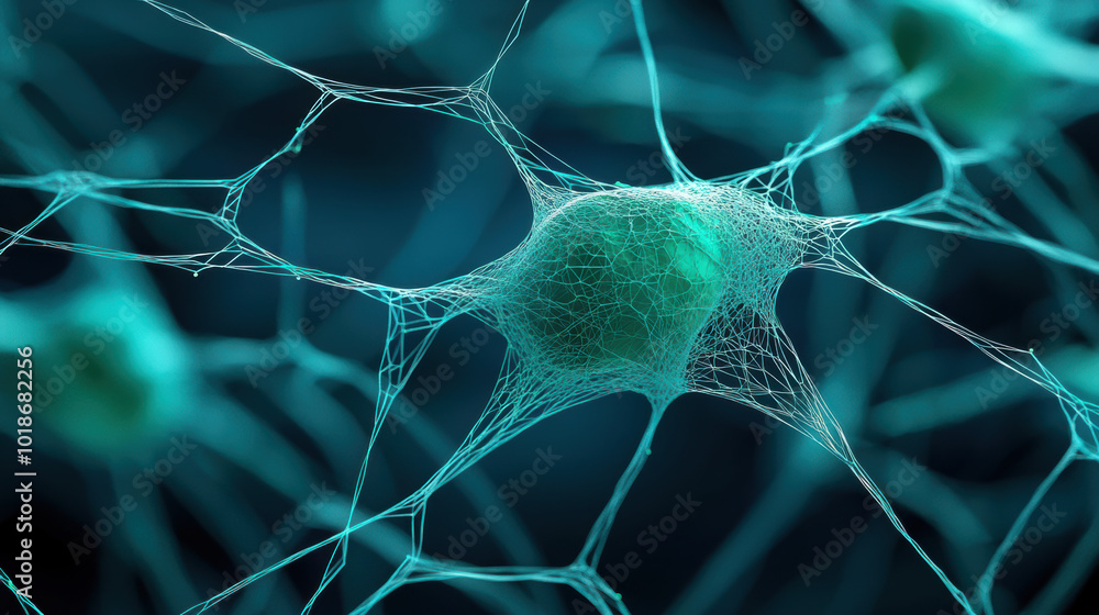 Poster detailed view of interconnected cells showcasing intricate structures and vibrant colors, evoking se