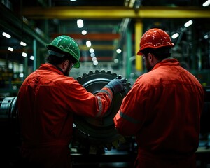 Two workers in safety gear collaborate on machinery in a dimly-lit industrial setting, emphasizing teamwork and precision.