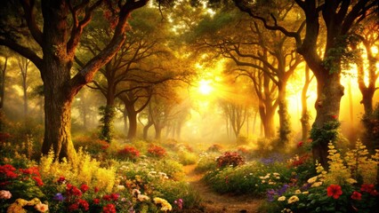 Obraz premium Sunlight filters through a tranquil forest path in golden hues.