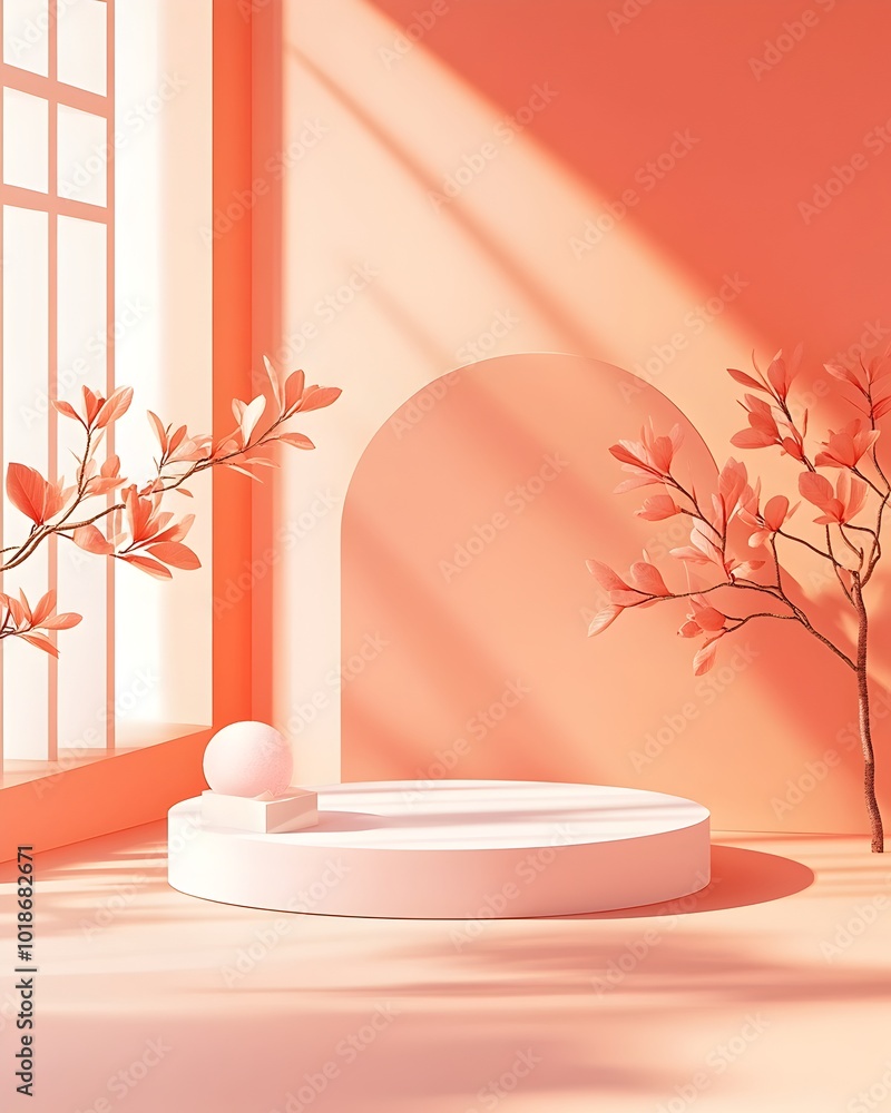 Poster minimalist 3d studio scene with serene peach backdrop uncluttered wall and floor and a central produ