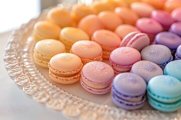 Obraz premium A close-up of macarons with ombre-colored shells, arranged in a gradient pattern on a white platter