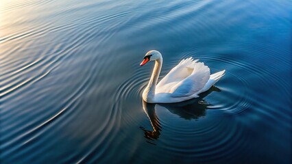 Fototapeta premium Bird's eye view of a white swan gracefully cleaning its feathers on a tranquil lake