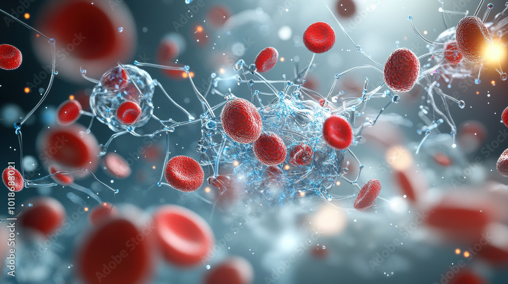 Poster magnified view of blood cells in vibrant red, showcasing their intricate structure and movement with