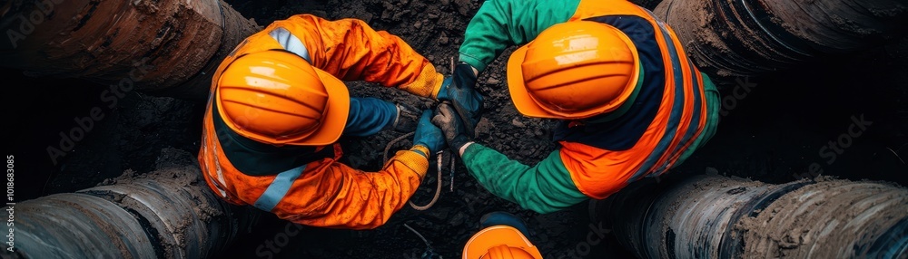 Poster workers in safety gear collaborate on a project inside a tunnel, emphasizing teamwork and constructi