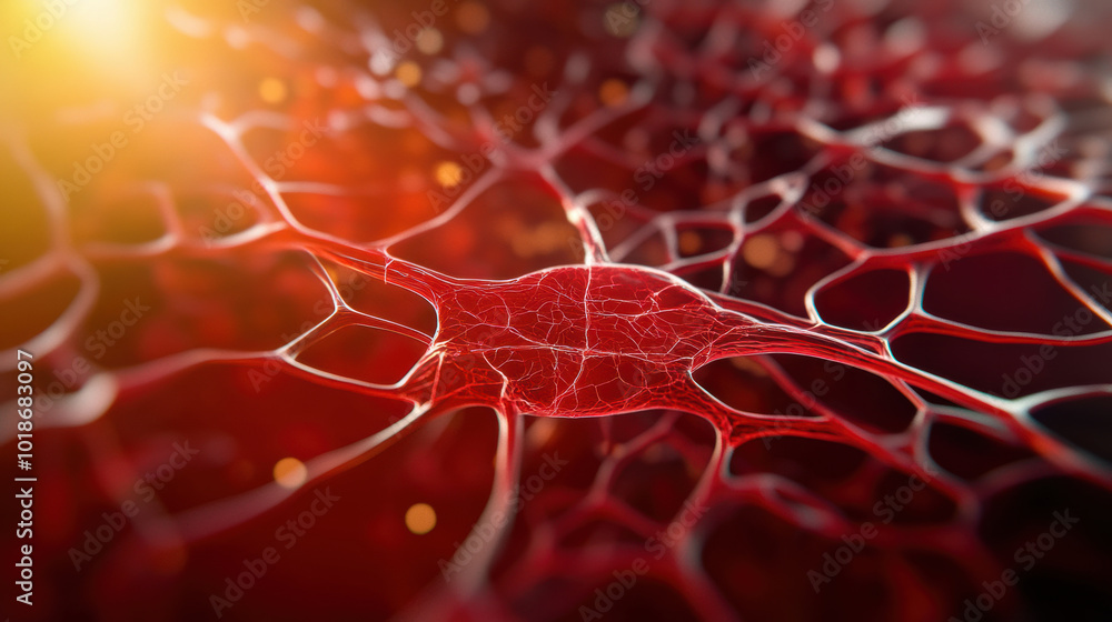 Poster magnified view of vascular system in plant, showcasing intricate red networks and structures. image 