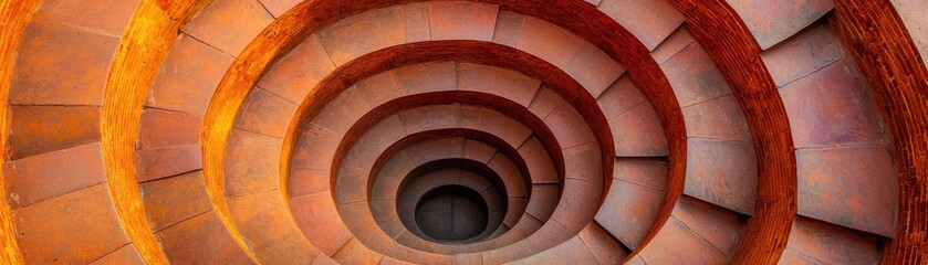 Fototapeta premium A captivating spiral staircase featuring intricate terracotta layers, drawing the eye downward into a mesmerizing depth.