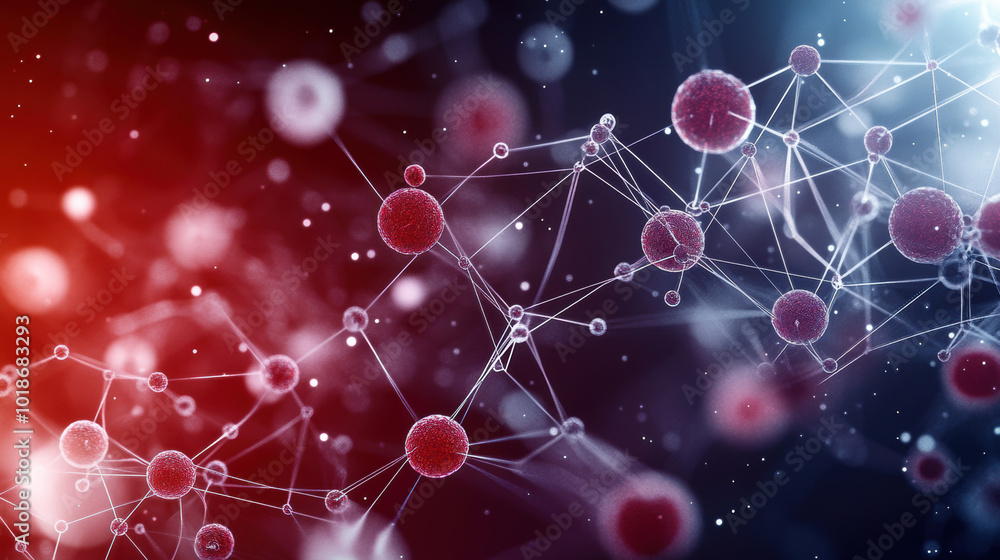 Poster molecular structures in red and blue hues create captivating visual of scientific exploration. this 