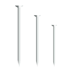 Three different sizes of nails displayed on a white background. Vector illustration