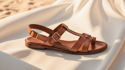 Naklejka premium Presentation of women's leather brown sandals.