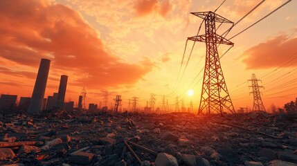 A dramatic sunset over a cityscape, featuring power lines and a landscape littered with debris, highlighting urban decay and environmental concerns.