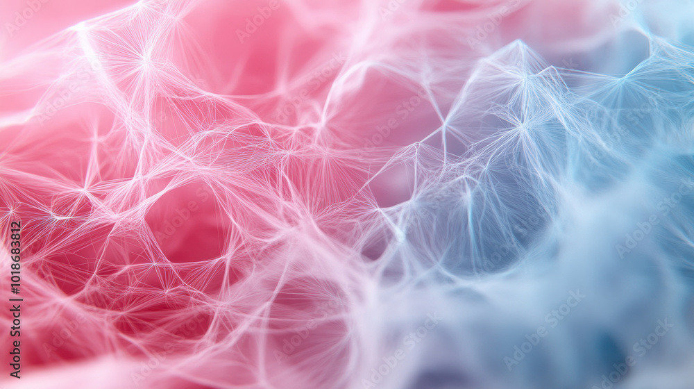 Poster vibrant depiction of interconnected fibers in shades of pink and blue, creating visually striking ab