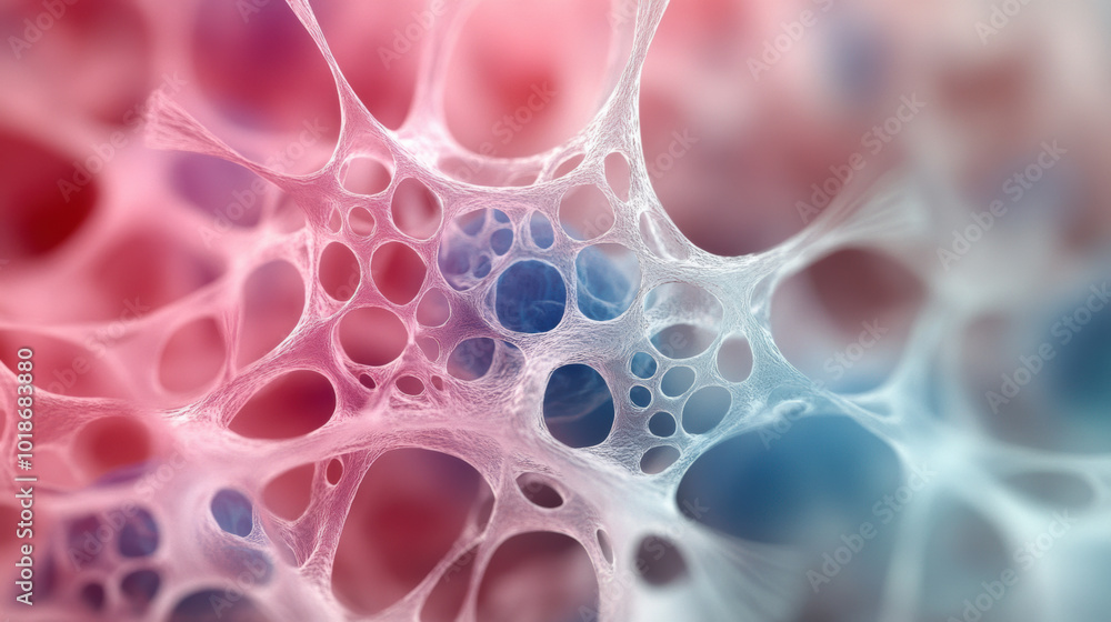 Poster close up view of intricate cellular structures showcasing vibrant colors and textures, evoking sense