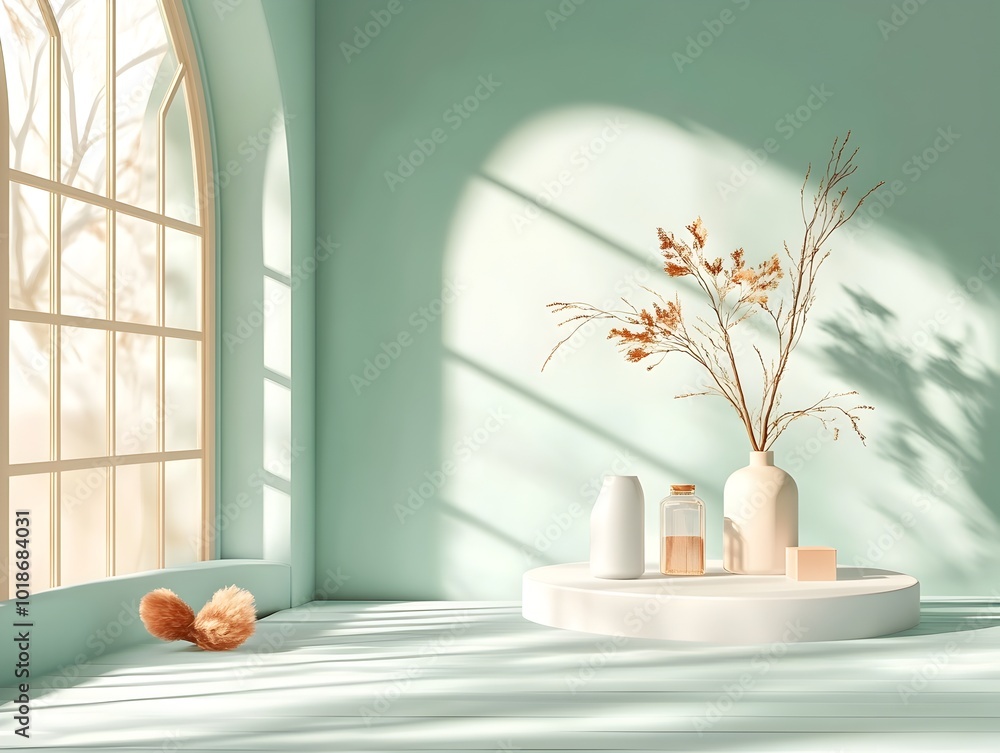 Poster minimalist 3d studio scene featuring a sage green backdrop empty white floor and wall and a product 